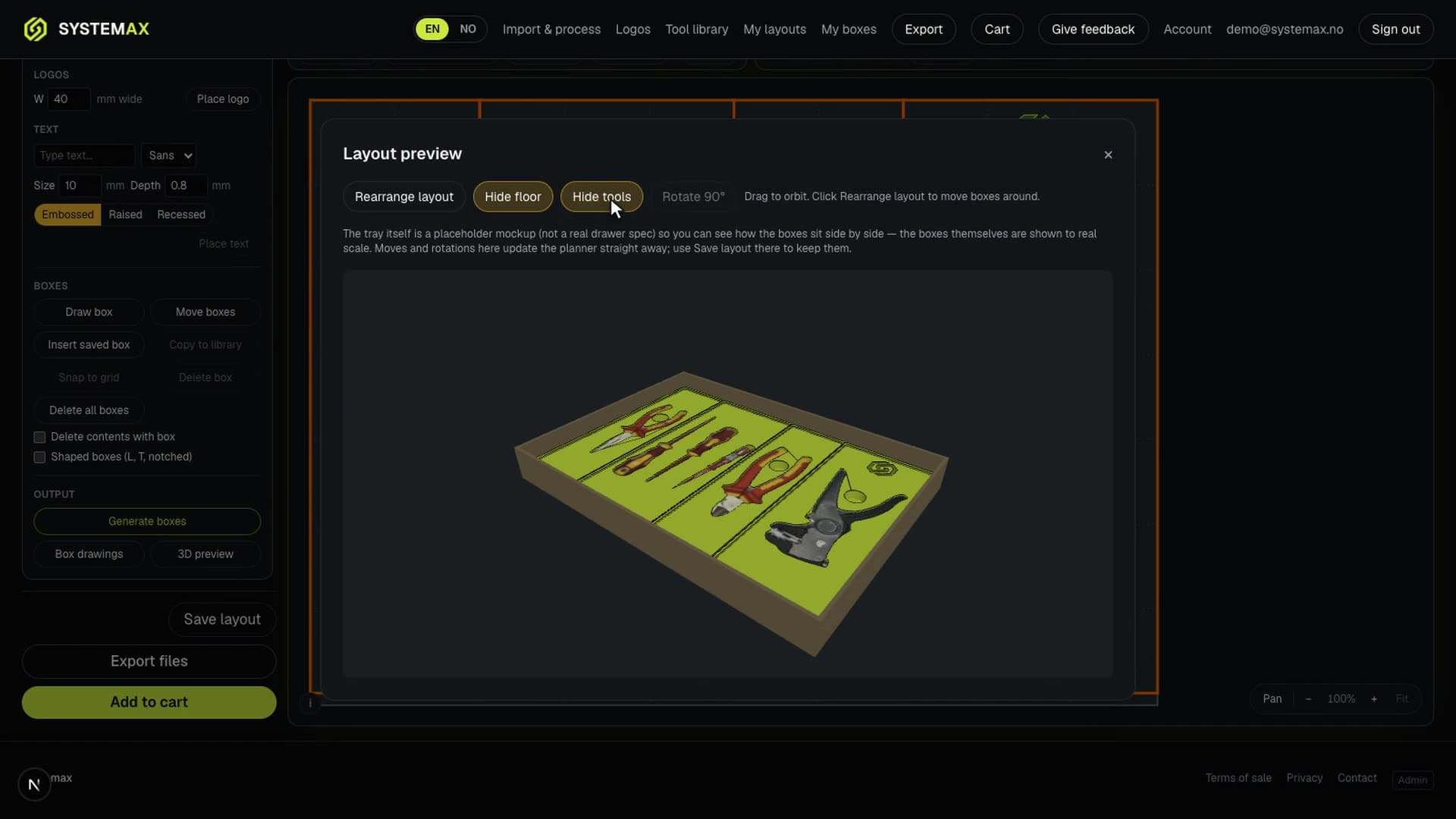 The layout planner with a drawer of tools shown in 3D, each one lying in the pocket cut for it.